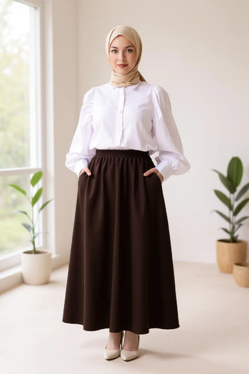 Imoda Women's Brown Double Fabric Elastic Waist Pocket Skirt