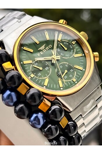 FERRO Functional Men's Wristwatch, Certified, Guaranteed, Silver Green Steel Band Double Bracelet Gift