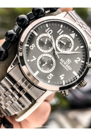 Reward Men's Functional Wristwatch, Certified, Guaranteed, Grey - Silver Steel Band Bracelet