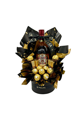 velve Delice gift basket for men, Chivas Regal 12 YO, Ferrero pralines, 12 Merci chocolates, Black