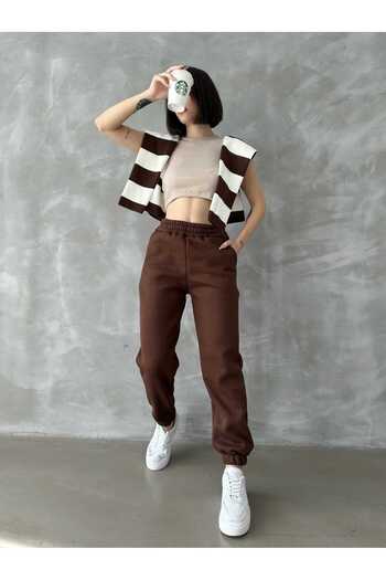 Zeynep Öykü Style Women's 3 Thread Inner Ribbed Elastic Jogger Sweatpants