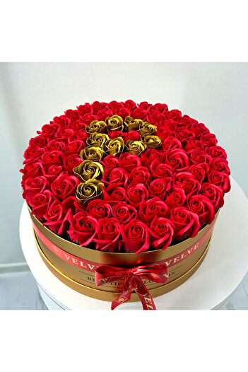 velve Personalized floral arrangement with the letter P, in a round golden box with 55 soap roses, Letter P