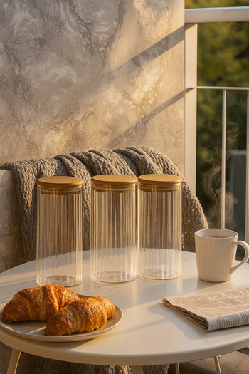 ZURİ DESİGN Airtight 3-Piece Striped Glass Breakfast Vacuum Lid Jar Set - 1095 ml