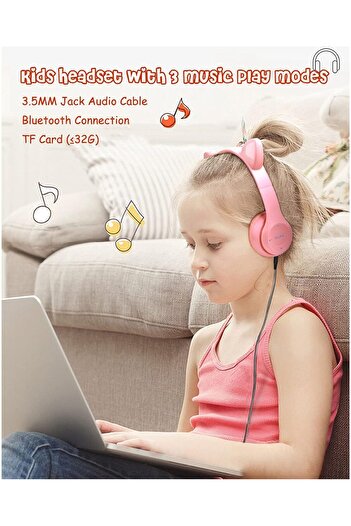 fluffy Wireless Headphones for Kids, Cat Ears, Bluetooth 5.0, HandsFree, Hifi, Bass Stereo, LED, TF, Pink