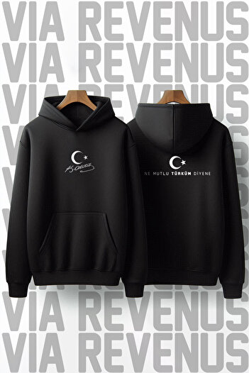 Vordevia Front and Back Printed 3-Thread Raised Hooded Sweatshirt with the Phrase "Ne Mutlu Türküm Diyene" (Don'T Say I'M Happy).