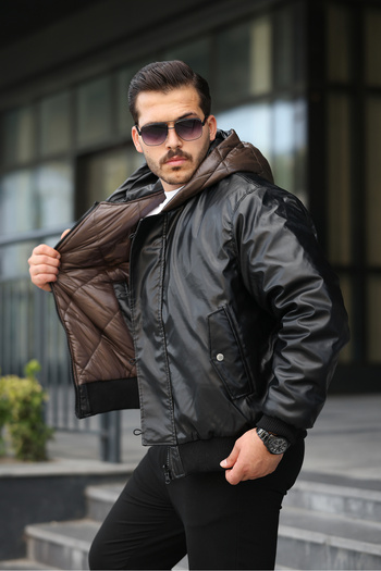 MODAEMAS Men's Double Sided Hooded Winter Leather Coat
