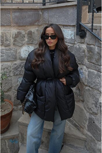Havoş Black Puffer Jacket with Tie Detail on the Front