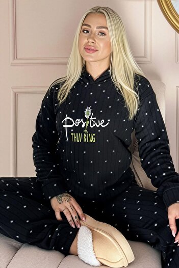 Pijamaevi Black Positive Patterned Hooded Plush Fleece Pajama Set