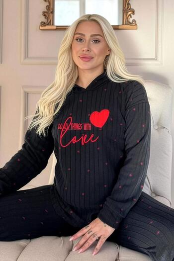 Pijamaevi Black Love Patterned Hooded Plush Fleece Pajama Set