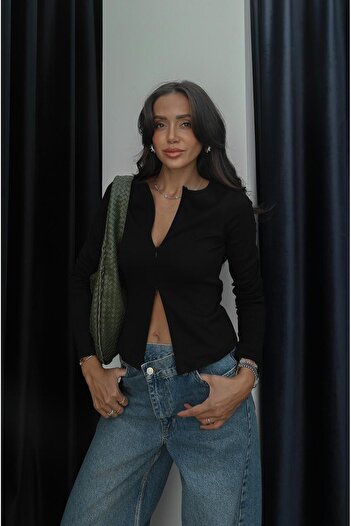 Havoş Black Double Zipper Long Sleeve Blouse