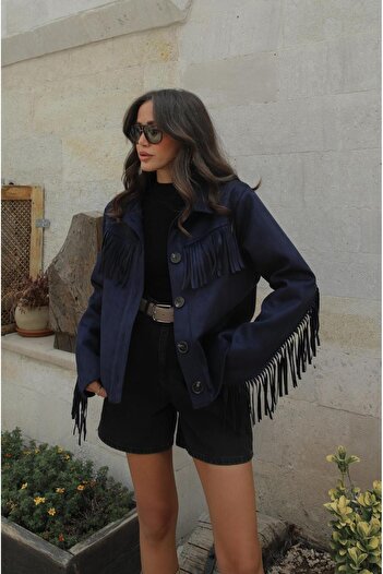 Havoş Navy Blue Tassel Detailed Suede Jacket