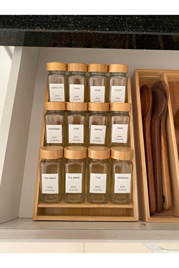 LEONEV 12-Piece Glass Spice Rack with Bamboo Stand Inside the Drawer
