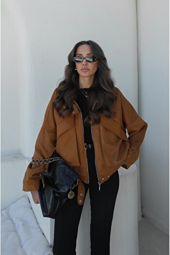 Havoş Tan Suede Bomber Jacket with Pocket Detail