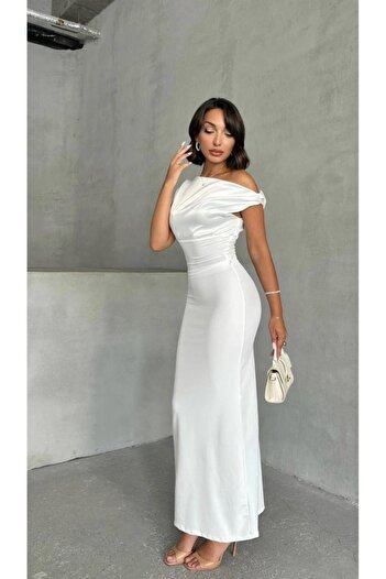 Linich&Co White Satin Off-The-Shoulder Blouse-Diver Skirt Evening Dress Suit 5098