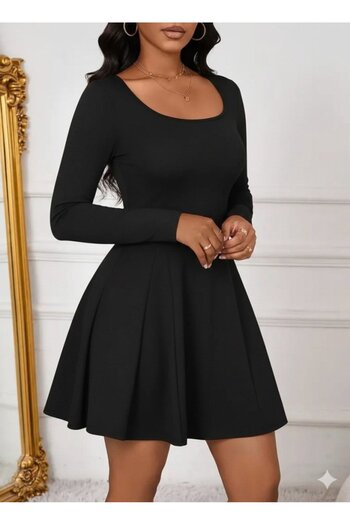 Gökyüzü Moda Women's Long Sleeve Square Neck Mini Imported Crepe Dress