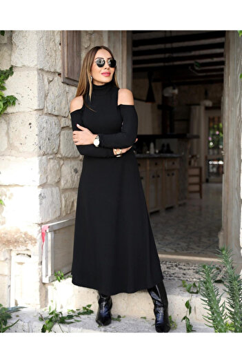 Gökyüzü Moda    Women's Turtleneck Off-The-Shoulder Long Sleeve Janjan Crepe Dress