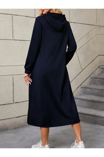Gökyüzü Moda Women's Long Sleeve Hooded Pocket Detailed Viscose Two Thread Maxi Dress