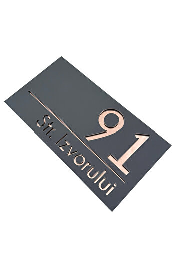Adresa VIP PREMIUM HOUSE NUMBER - Satin Grey Rose Gold Mirror - 28x15cm