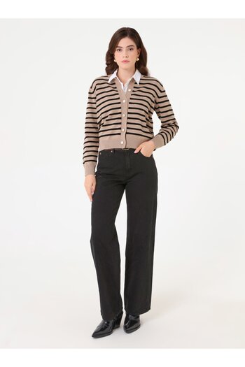 Refka Striped Gold Button Detailed Knitwear Cardigan - Mink -
