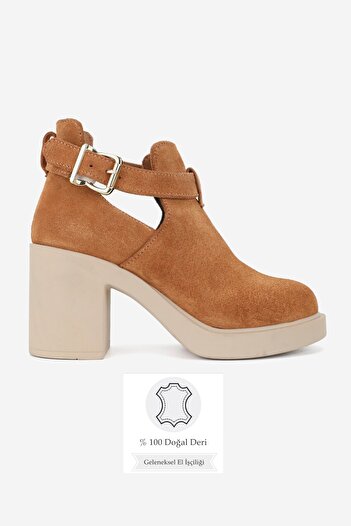TUNAELLİ Women's Taba Suede Genuine Natural Leather Size 36-41 Thick Heel with Buckle Boots & Booties
