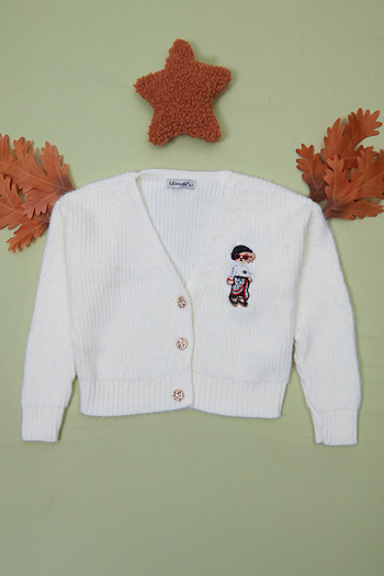 Fulla Moda Teddy Bear Embroidered Buttoned Girls' Knit Cardigan