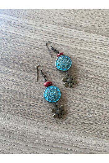 dela otantik Mandala Patterned Floral Themed Bohemian Dangle Earrings – Turquoise Beaded Ethnic Authentic Bijouterie Jewelry