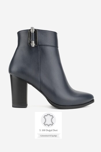 TUNAELLİ Women's Dark Blue Genuine Natural Leather Size 36-41 Thick Heel Buckle Boots & Booties
