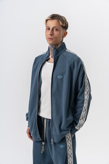 Respire Men's Damask Stripe Detailed Stand Collar Doubleface Zip Oversize Sweatshirt Petrol