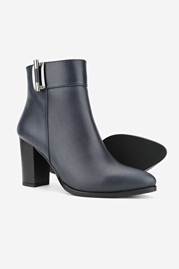TUNAELLİ Women's Dark Blue Genuine Natural Leather Size 36-41 Thick Heel Buckle Boots & Booties