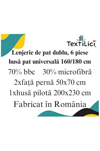 TextiLici Lenjerie pat dublu bumbac, 6 piese, cearceaf cu elastic universal, Multicolor,
