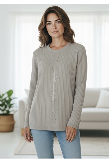 ECE GİYİM Women's Front Stone-Embellished Self-Patterned Zero-Collar Blouse