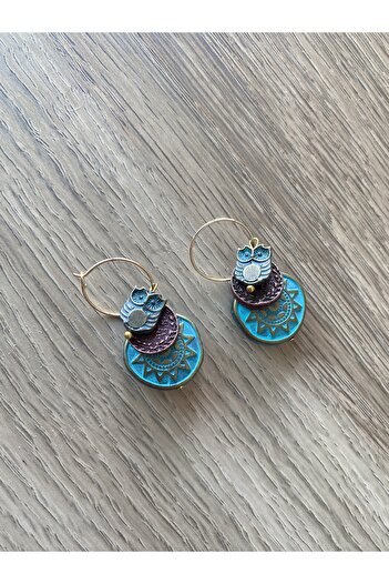 dela otantik Handmade Owl Figured Turquoise Colored Hoop Earrings – Bohemian Ethnic Authentic Beaded Bijouterie Jewelry