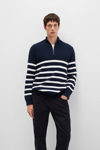 Mavi Men's Semi-Zip Striped Navy Blue Sweater 0710131-70490