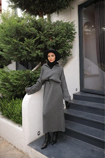 AGD COLLECTİON Extra Oversize Knitwear Dress with Braided Hair