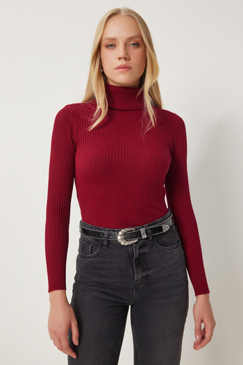 Mila Burgundy High Neck Ribbed Lycra Sweater