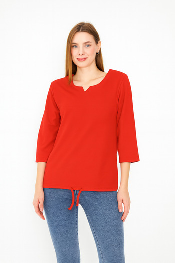 ESPİNA Women's Drop Detailed Neckline, Skirt Lace-Up Knitted Crepe Blouse