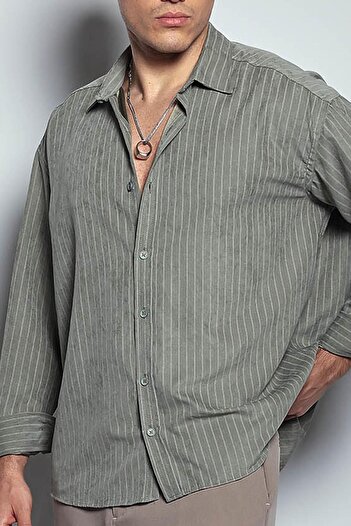 ablukaonline Men's Oversize Striped Long Sleeve Shirt Khaki Green