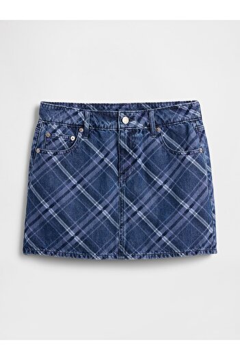 GAP Kadın Koyu Mavi Denim Kareli Mini Etek