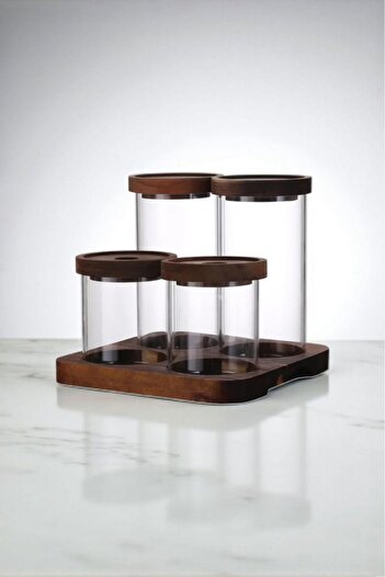 İLİVA Vacuum Sealed Glass Jar Set - 4-Piece Kitchen Organizer Spice Rack with Acacia Stand