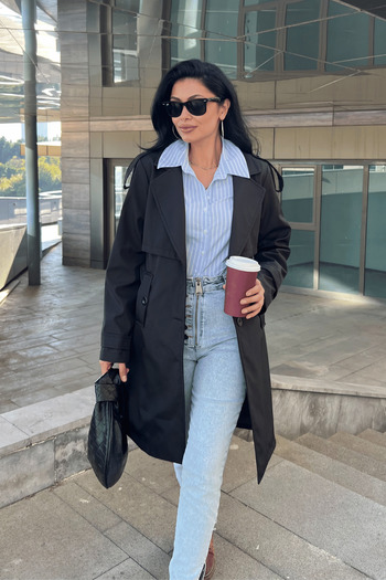 giyimmasalı Bondit Fabric Design Trench Coat - Black