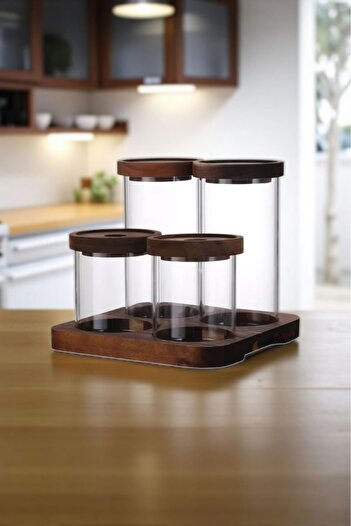 İLİVA Vacuum Sealed Glass Jar Set - 4-Piece Kitchen Organizer Spice Rack with Acacia Stand