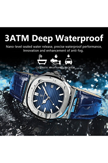 POEDAGAR Quartz Wristwatch Luminous Hands Leather Analog Business Blue
