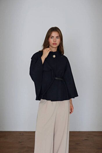 MODA Gold Button Detailed Belted Cashmere Poncho