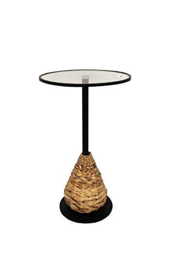 Living Round Glass Side Table with Woven Rattan Base and Metal Frame – Elegant Modern Design