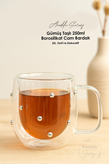 Anadolu Saray Gümüş Taşlı 250 ml Borosilikat Çift Cidarlı Isıya Dayanıklı Cam Bardak Kahve Ve Sunum Bardağı