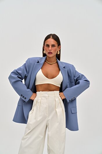 MAİ COLLECTİON Emma Blue Blazer with Stitching Detail