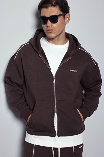 ablukaonline Men's Oversize Zippered Hooded Tracksuit Set Brown