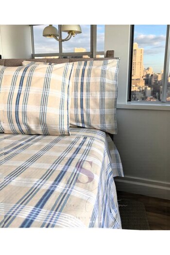 shules collection Natural Blue Plaid Double Bedding Set