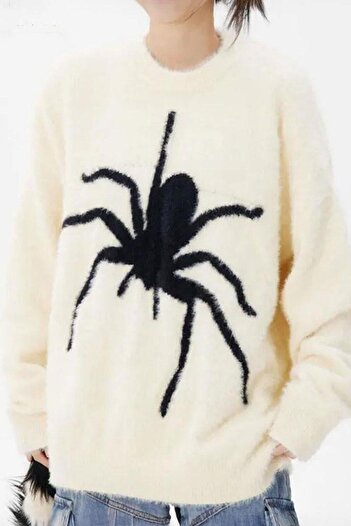 Karakedi Ecru Spider Thick Oversize Unisex Sweater