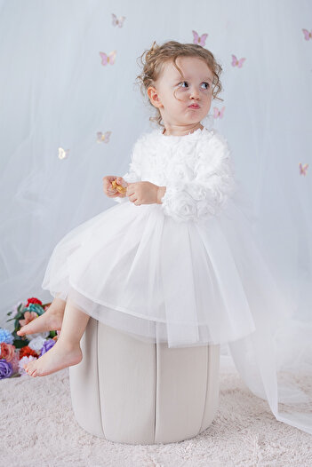 ALYRA Kız Bebek Elbise Uzun Kollu Fiyonklu Güllü Doğum Günü Parti Düğün Özel Gün Abiye Kız Çocuk Elbise